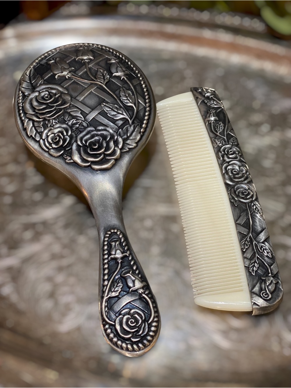 Vintage Silver Floral Vanity Set with Brush and Comb